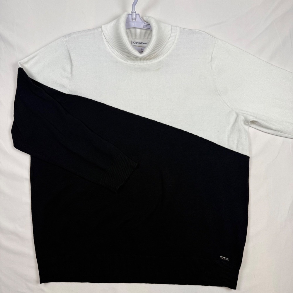 Calvin Klein Womens 2X White Black Colorblock Turtleneck Sweater W2VSA092